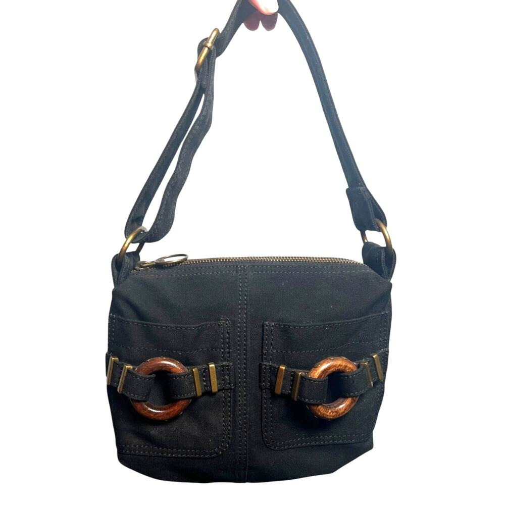 Vintage Y2K Gap Shoulder Hobo Bag Black Canvas Wide Strap Brass Wood Trim EUC